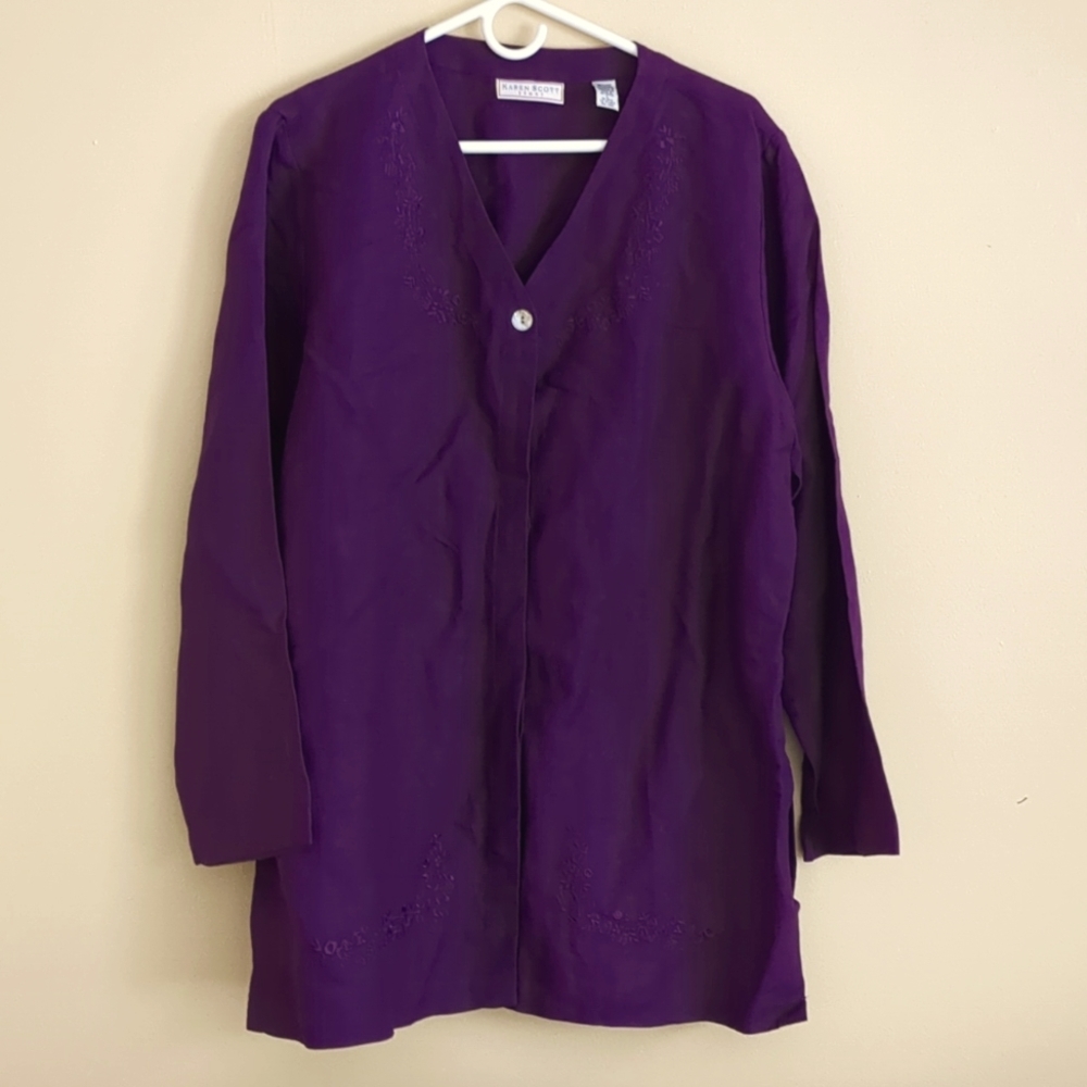 Large Karen Scott Purple Linen Blend Button Up Shirt Top Floral